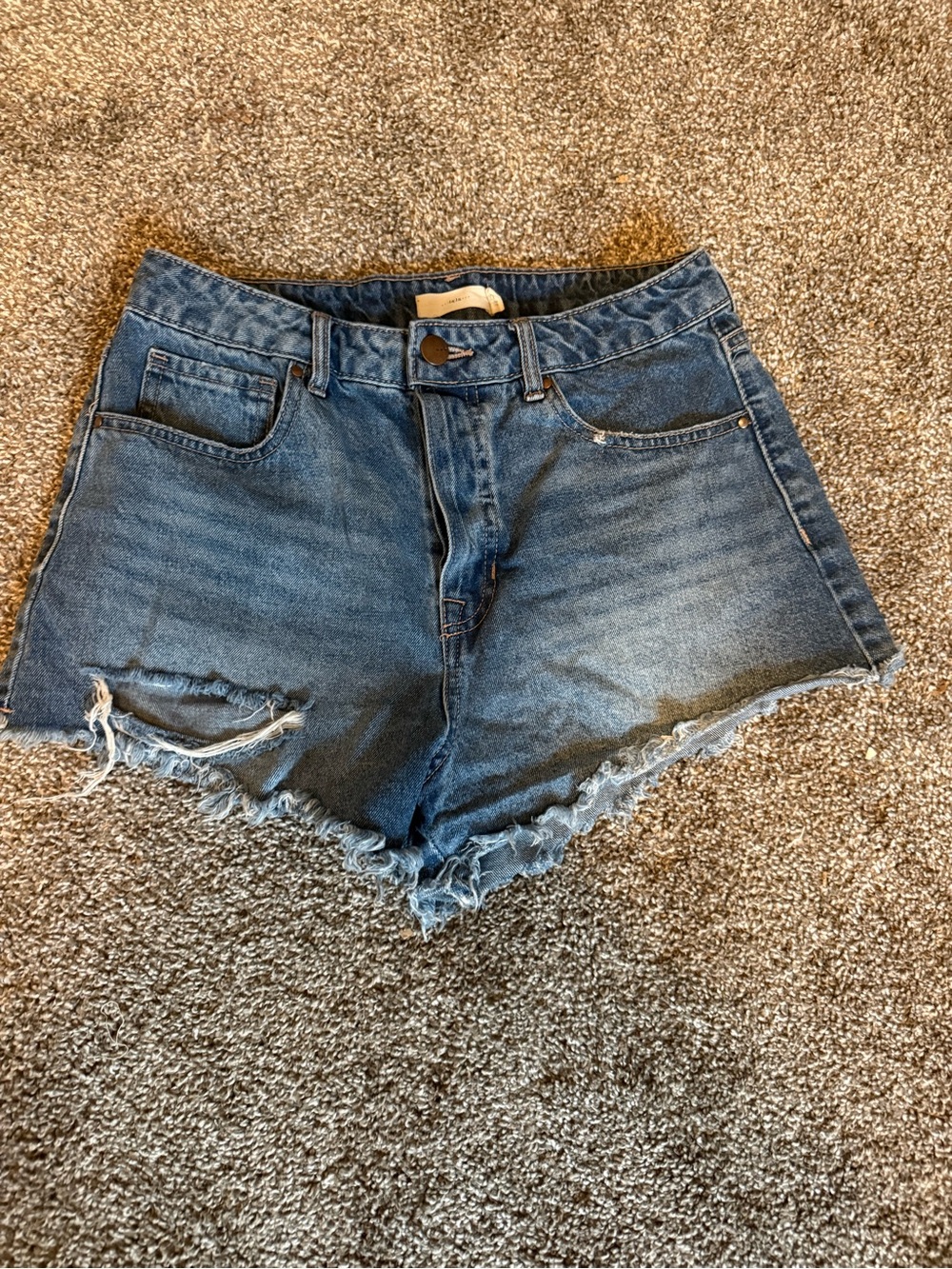 Frayed Hem High-Rise Jean Shorts - Blue